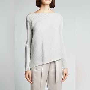 Milly | Gray Asymmetrical Ribbed Knit Stretch Bateau Neckline Sweater Large